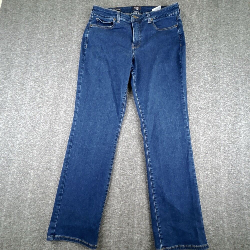NYDJ Marilyn Straight Leg Dark Blue Denim Jeans Womens Size 12 Petite 31x31 Lift - Picture 1 of 12